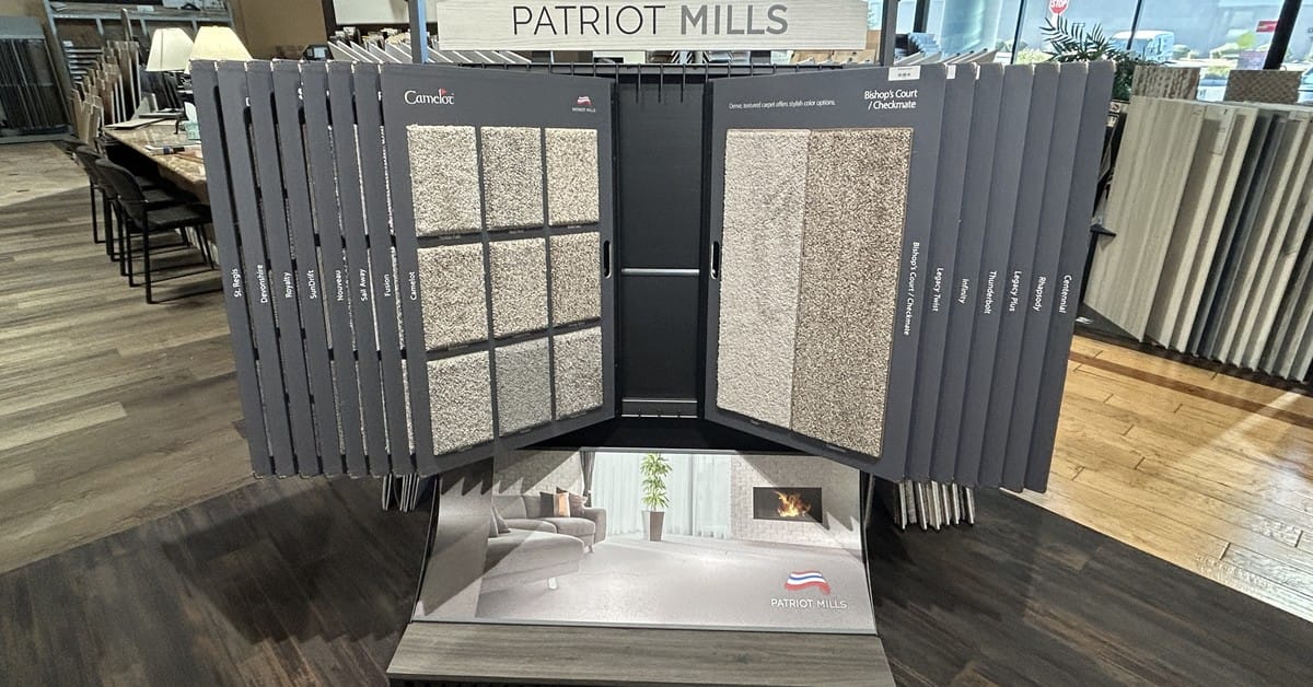 Carpet display featuring Patriot Mills carpet samples, Cloud Floor & Home