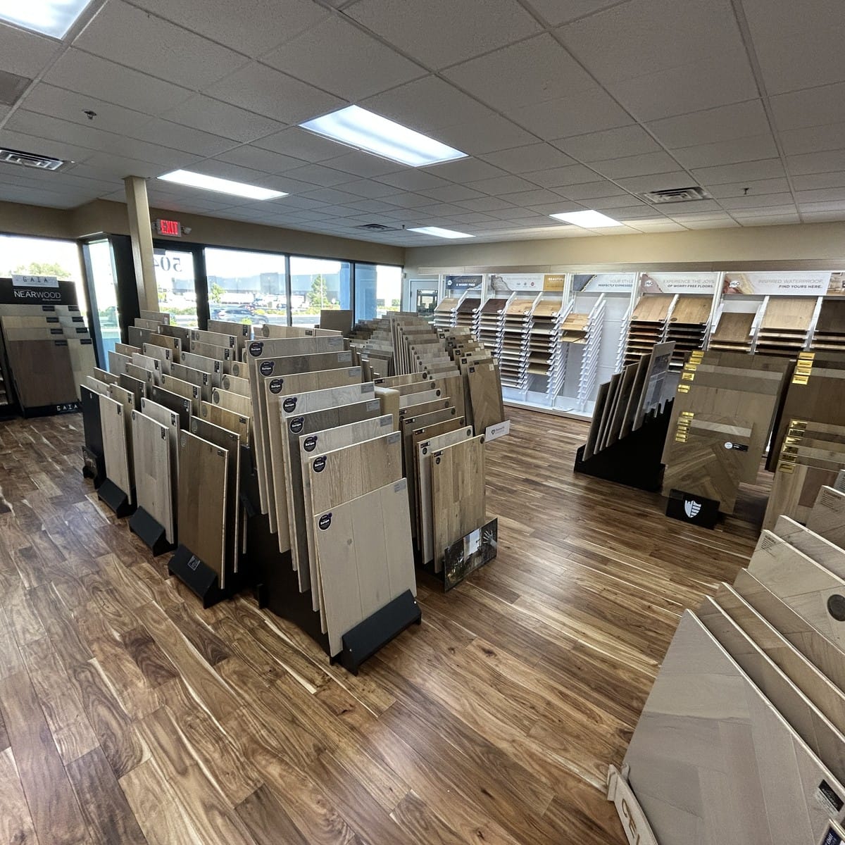 Rows of hard surface flooring samples on display