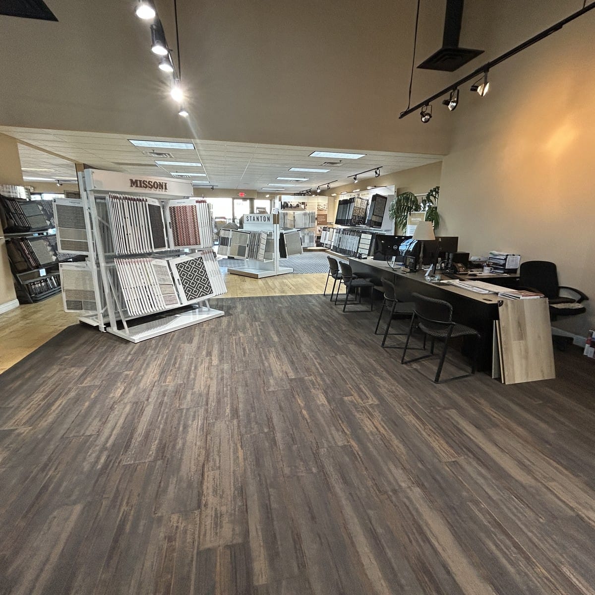 Open showroom floor area with flooring samples