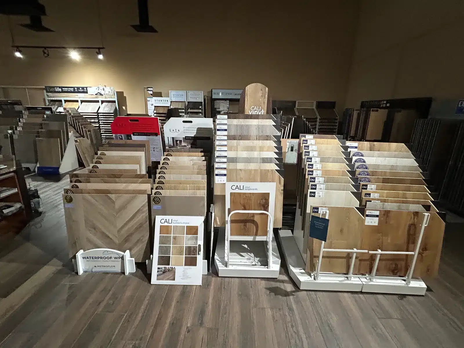Luxury vinyl plank flooring Las Vegas sample displays with different wood looks