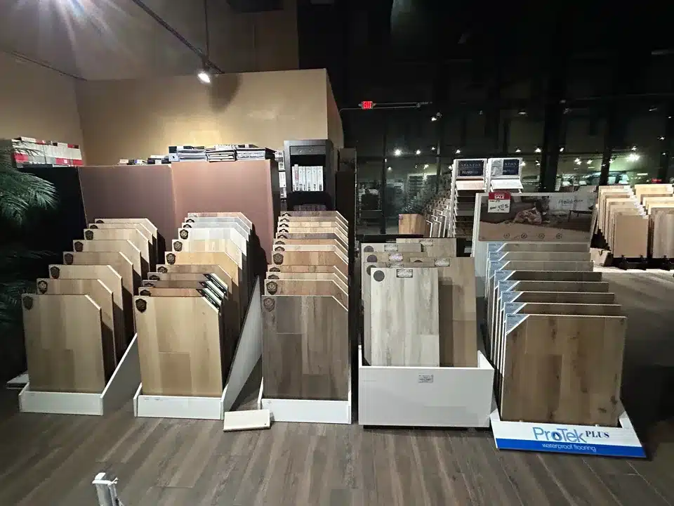 Rows of vinyl plank sample boards in the Las Vegas flooring showroom