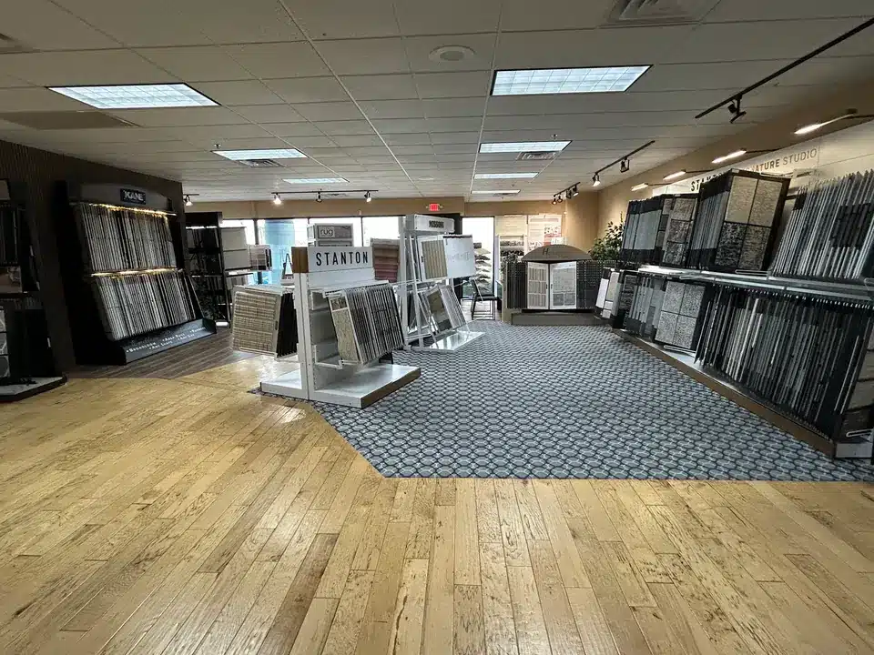 Wide view of carpet sample displays in the Las Vegas showroom