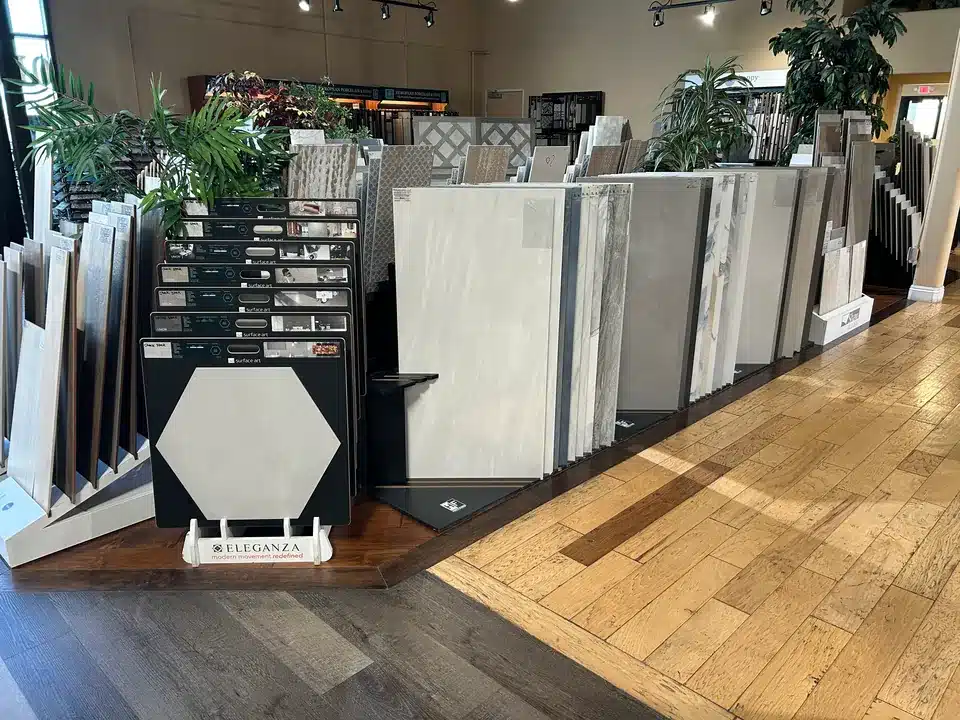 Large-format tile sample displays in the Las Vegas showroom
