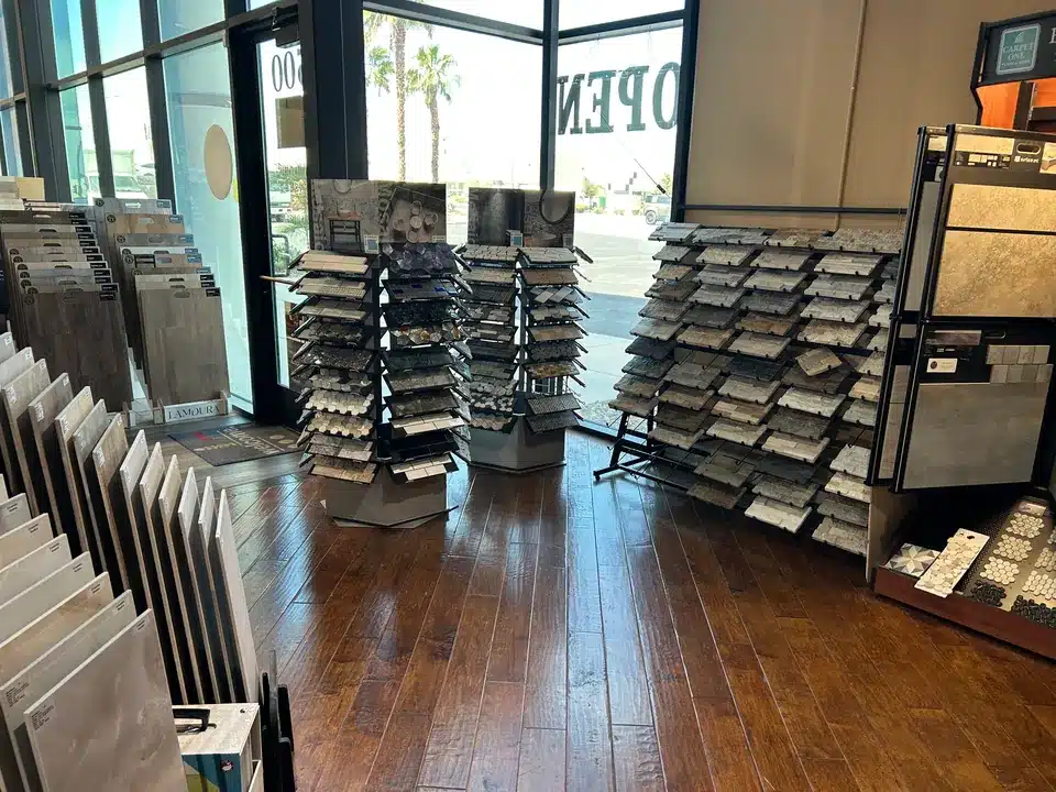 Mosaic and decorative tile sample displays near the showroom windows