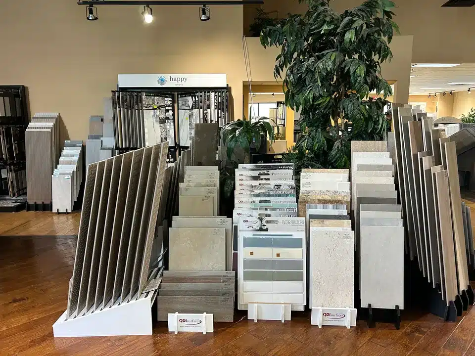 Rows of porcelain and stone-look tile samples in the Las Vegas showroom