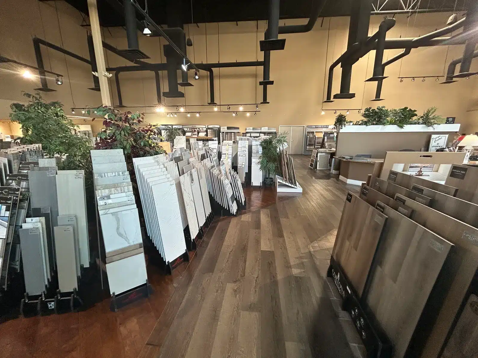 Flooring displays along an aisle in the Cloud showroom