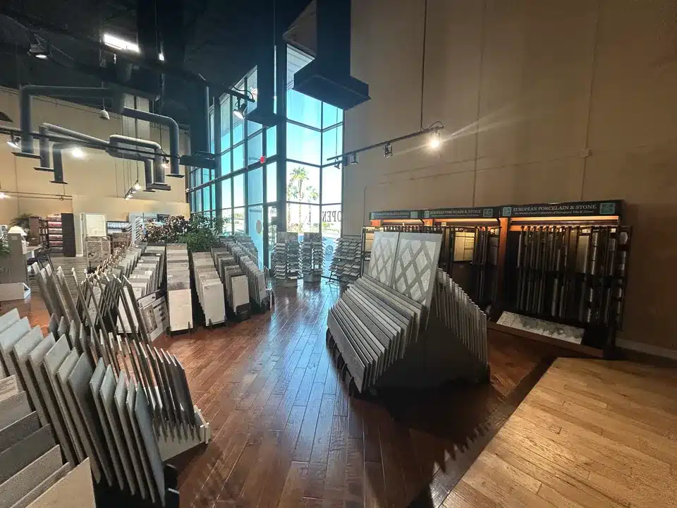 Tile and stone sample displays beside the windows in our Las Vegas showroom