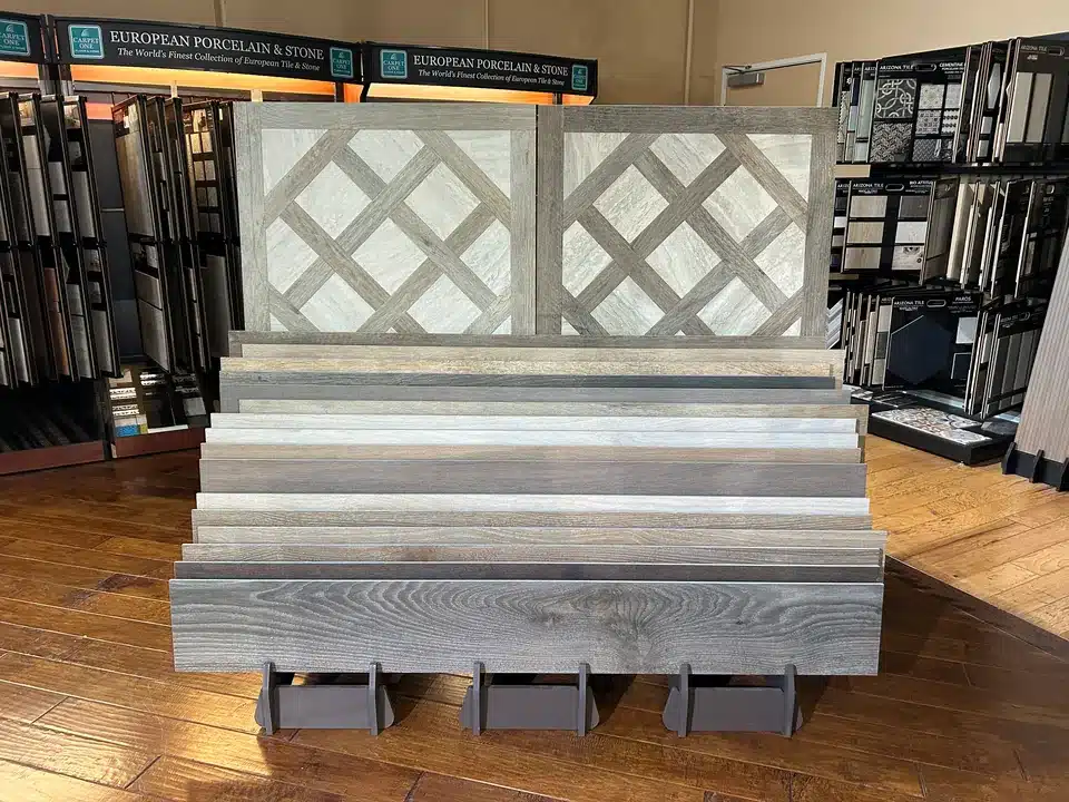Wood-look porcelain tile planks on display in the Las Vegas showroom