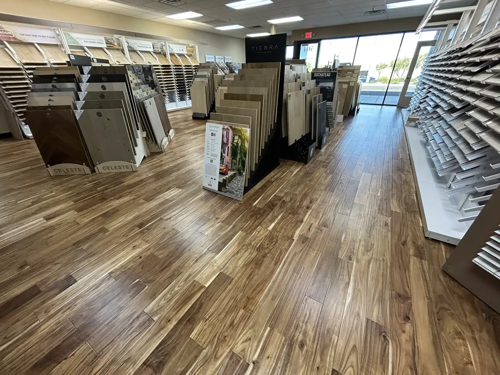 Hardwood flooring Las Vegas showroom at Cloud Floor and Home with plank displays and sample racks